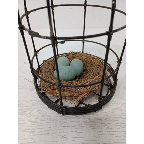 Vintage Metal Wire Cage With Bird Nest & Eggs Farmhouse Rustic Hanging Decor - Picture 3 of 9